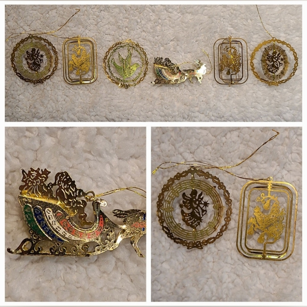 Vintage 12 Days of Christmas pierced metal tree ornaments, lot of 6